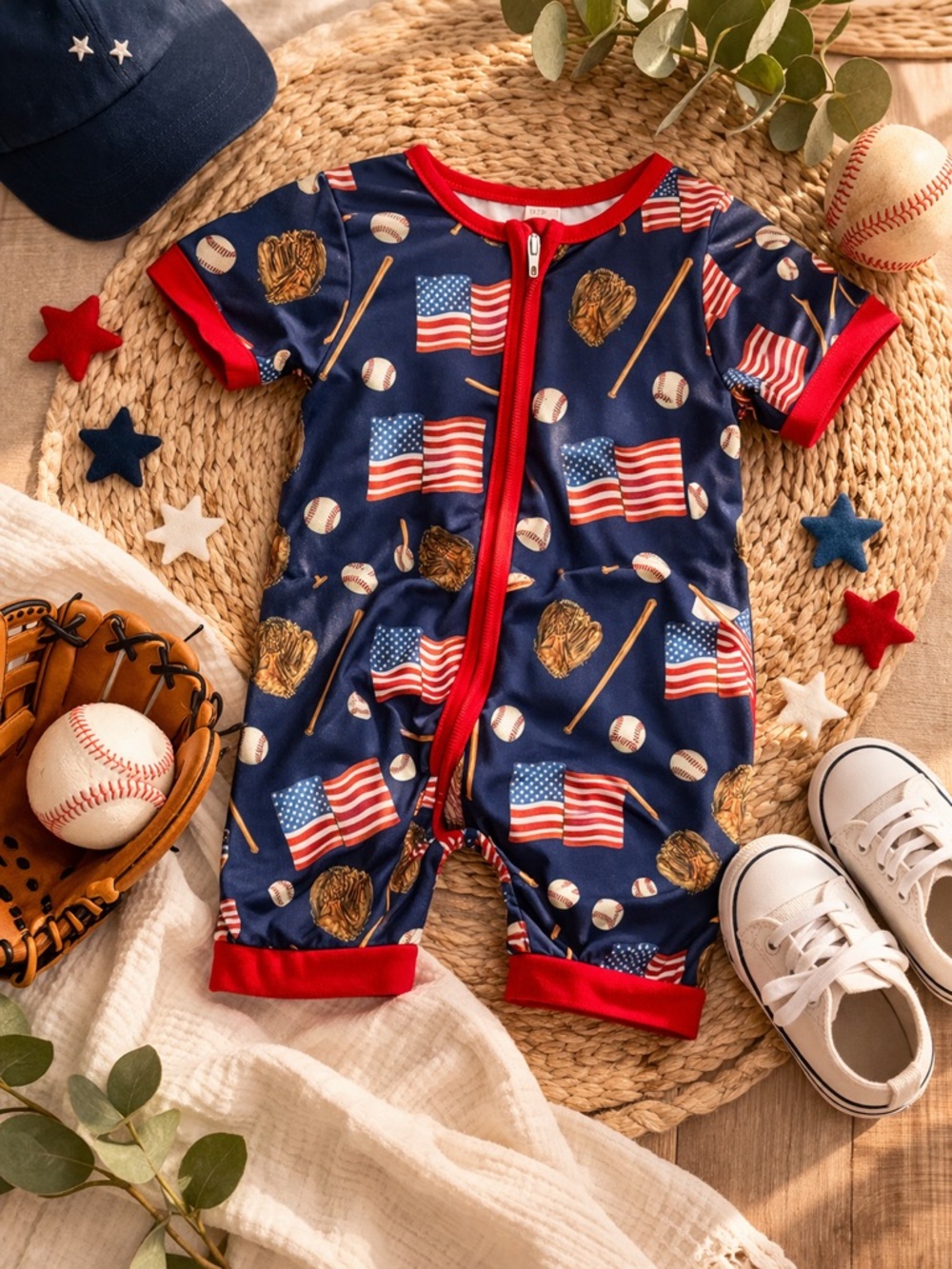Patriotic Baseball Baby Romper 3–6 Months | Red White Blue |